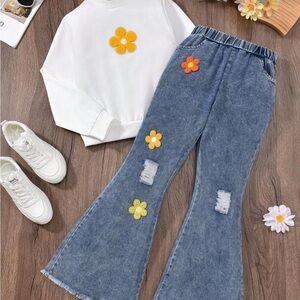 SHEIN Blue Flare Jeans with Floral Accents
